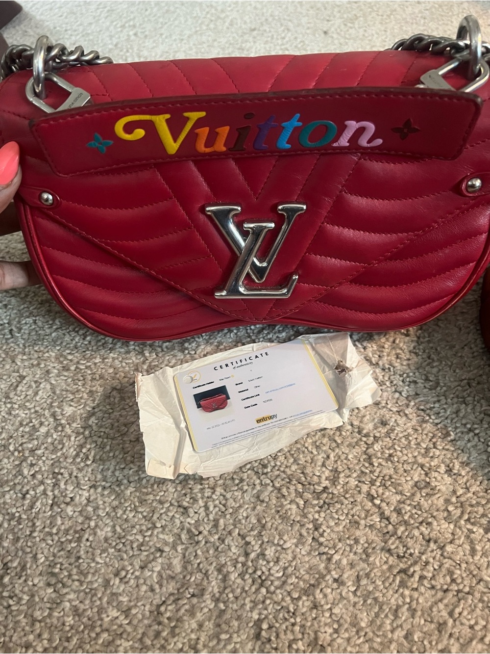 Louis Vuitton Red Quilted Shoulder Bag with Multicolor 'Vuitton' Detail